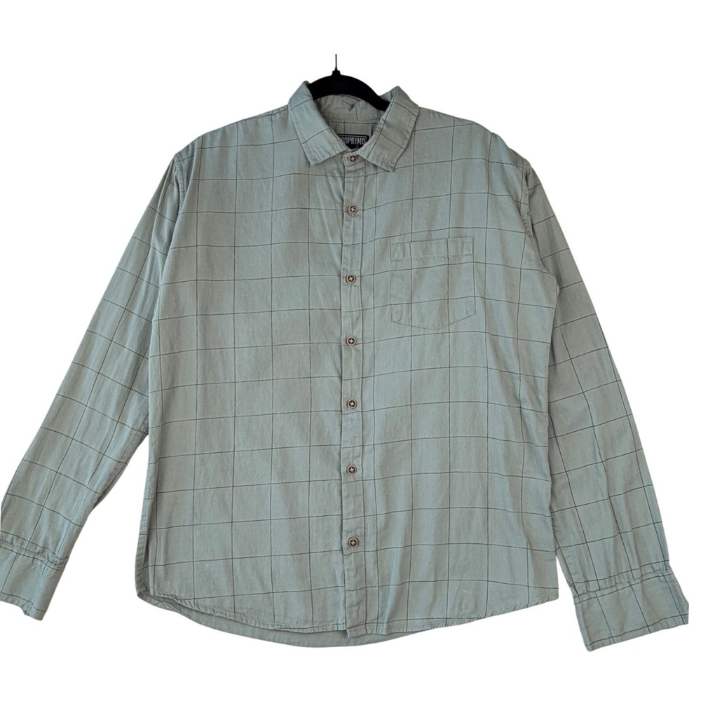 Indoprimo Button Down Shirt Sage Green Windowpane Grid Minimalist Casual Mens L